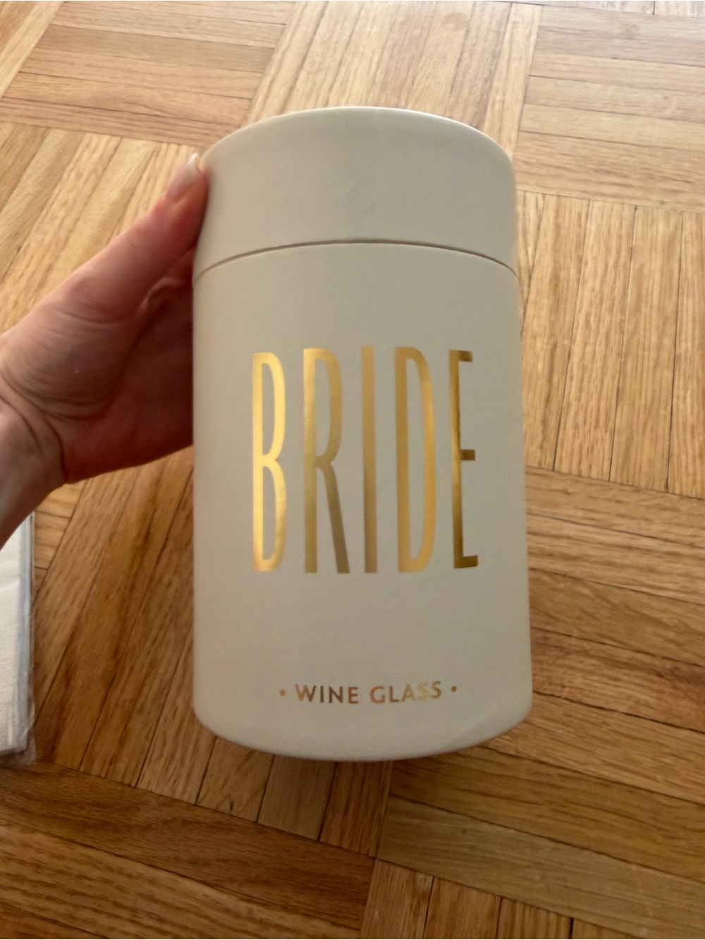 BRAND NEW UNUSED Bride Gold Lettering Cream Wine Glass Holder - Bridal Gift